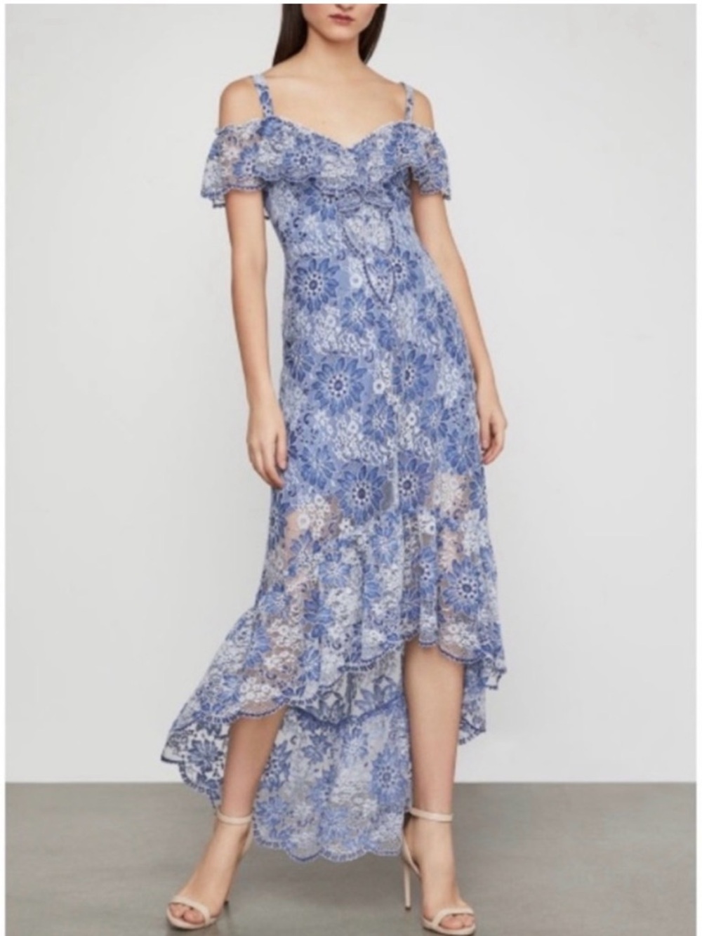 BCBGMaxAzria “Debbie” Blue Floral Lace High-Low Ruffle Maxi Dress